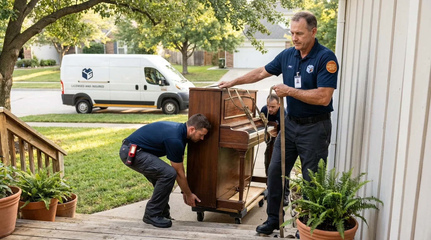 Licensed piano movers securing grand piano in Olyphant, PA