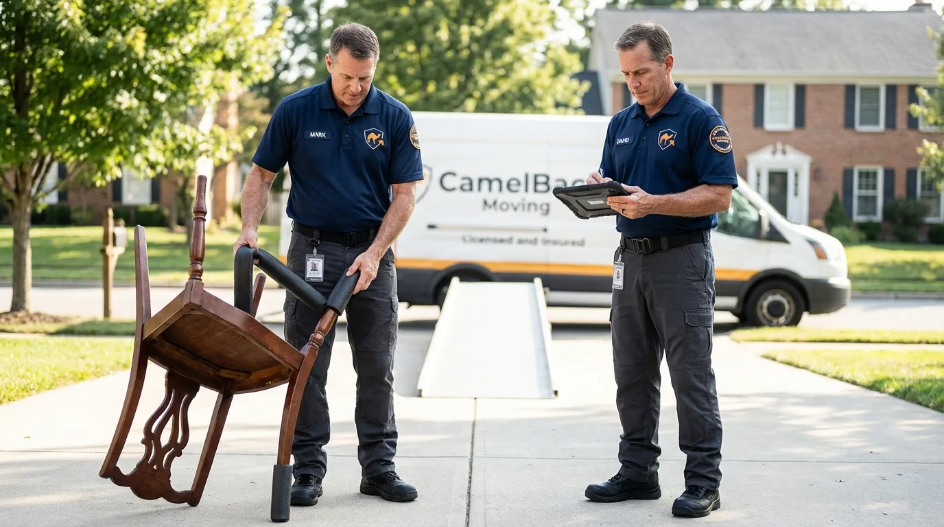 Movers inspecting furniture for damage prevention before loading in Olyphant, PA