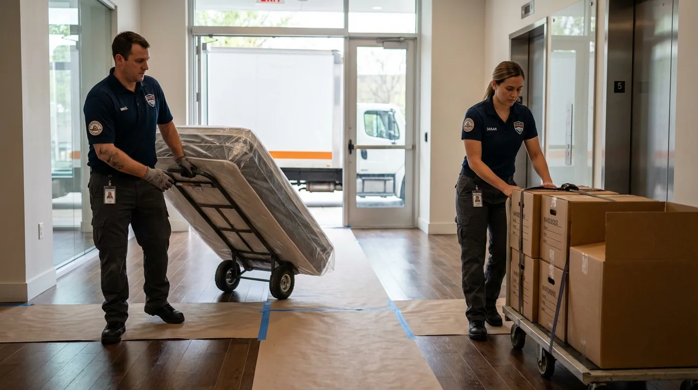 Professional apartment movers loading elevator in Olyphant, PA